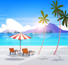 Deck Chairs On Tropical Beach Summer Seaside Landscape Exotic Paradise View Flat Vector Illustration