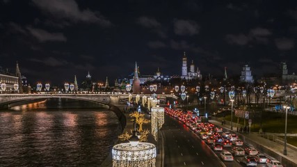 Wall Mural - Night Moscow river and Kremlin 4k time-lapse footage