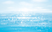 Vector Blue Sea  And  Sun Shine Sky.  Blue Water  Background, Bokeh Effect.