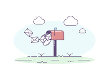 Open Mailbox Allowing Mail Envelop Letters Inside. Vector Trendy Illustration With Mailbox, Correspondence, Sky And Clouds