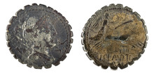 Roman Republic Coin. Ancient Roman Silver Denarius Of The Family Claudia.