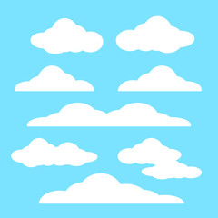 Cloud vector icon set white color on blue background. Sky flat illustration collection for web, art and app design. Different cloudscape weather symbols