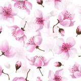 Fototapeta Storczyk - Hand drawn watercolor romantic seamless pattern with pink sakura flowers.