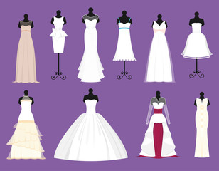 Wedding bride white dresses vector set bride bridesmaid white wear dressing accessories bridal shower celebration and marriage dressy fashion isolated illustration on background