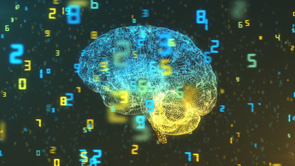 Digital computer brain 3D render floating in left profile view with numerical information background illustrating the concepts of Big Data and artificial intelligence