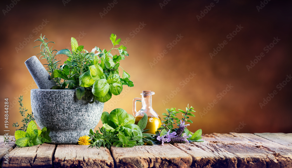 Aromatic Herbs With Mortar - Fresh Spices For Cooking
 - obrazy, fototapety, plakaty 