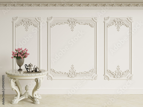 Fotomural Classic baroque table with coffee set and bouquet of roses in classic interior