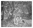 © acrogame - Rural landscape, wood with old wooden mill, girls picking flowers and a shy kid spying them, vintage engraving