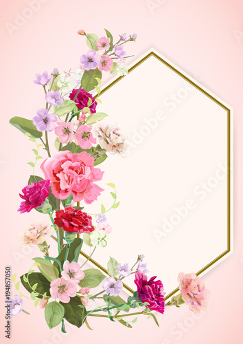 Vertical card for Mother's Day with carnation, spring blossom: red, pink, whi...