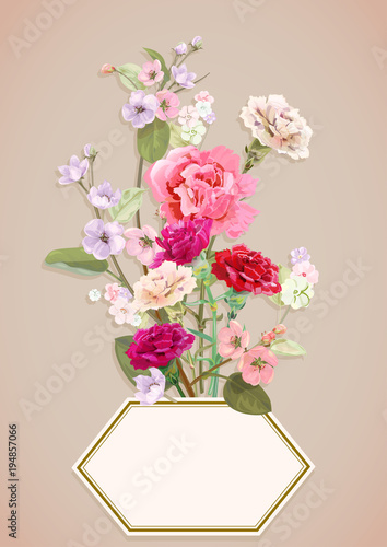 Vertical template for Mother's Day with carnation, spring blossom: red, pink,...