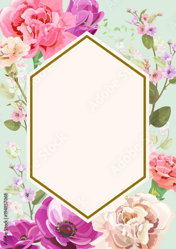 Vertical card for Mother's Day with carnation, poppy, spring blossom: red, pi...