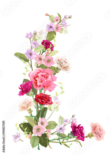 Vertical card for Mother's Day with border of carnation, spring blossom: red,...