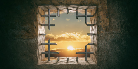 Escape, freedom. Prison, jail window with cut bars, sunset, sunrise view. 3d illustration