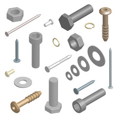 Set of fasteners in 3D, vector illustration.