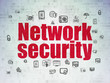 © Maksim Kabakou - Safety concept: Painted red text Network Security on Digital Data Paper background with  Hand Drawn Security Icons
