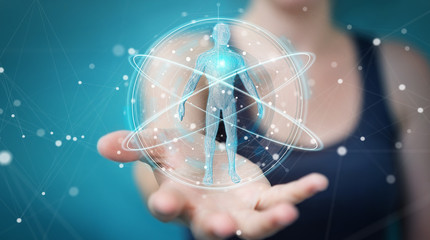 Poster - Businesswoman using digital x-ray human body scan interface 3D rendering