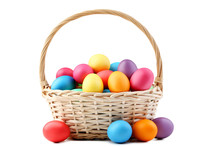 Colorful Easter Eggs In Basket Isolated On White Background