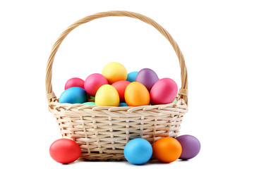 Colorful easter eggs in basket isolated on white background