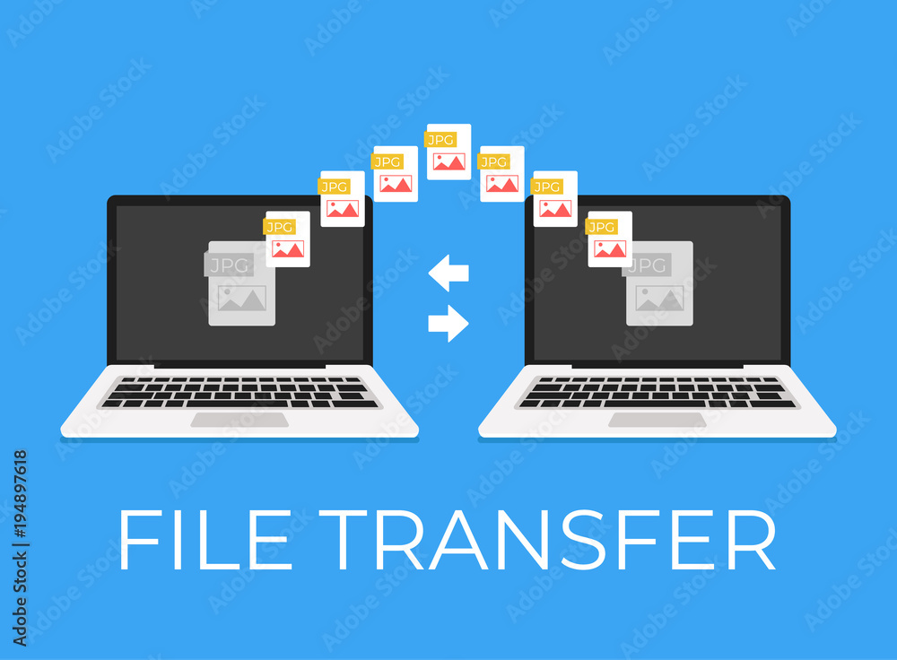 Computer File Transfer Cartoon File transfer between laptop and laptop. Vector flat cartoon icon ...