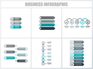 Abstract infographics number options template 3, 4, 5, 6, 7, 8. Vector illustration. Can be used for workflow layout, diagram, strategy business step options, banner and web design set.