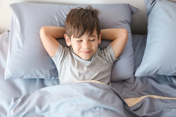 Cute little boy sleeping in bed at home