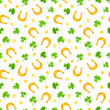 Vector St. Patrick's day seamless pattern with green shamrock leaves, gold coins and horseshoes on a white background.