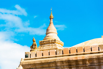 View of the facade of the buddhist temple building in Bagan, Myanmar. Copy space for text.