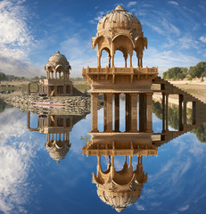 Wall Mural - Gadi Sagar temple on Gadisar lake Jaisalmer, India.