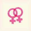 Pink sex woman, female, lesbian crossing sign icon, symbol , pale yellow background. Painted design element. Watercolor illustration for web or typography magazine, brochure, flyer, poster.