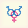 Blue and pink sex two men and one woman, male, female crossing signs icon, symbol , pale yellow background. Painted design element. Watercolor illustration for typography magazine, flyer, poster.