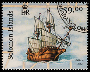 Sticker - Sailing ship - galleon on postage stamp