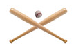 closeup of baseball bat and ball on white background.