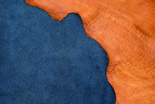 Close Up Orange Rough Edge And Navy Blue Leather Divide In Two Section, Fashion Texture Background,fabric Division