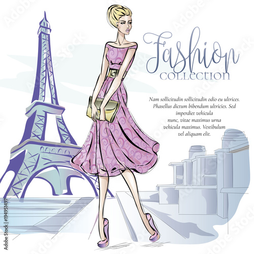 Fashion Woman Near Eiffel Tower In Paris Fashion Banner With Text