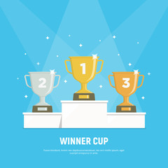 podium winners. gold, silver and bronze cups on podium. vector illustration in flat style.