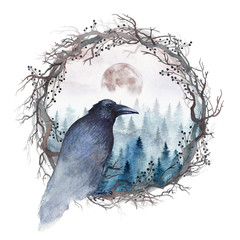 Wall Mural - winter forest in a fog painted in watercolor. isolated on white background.