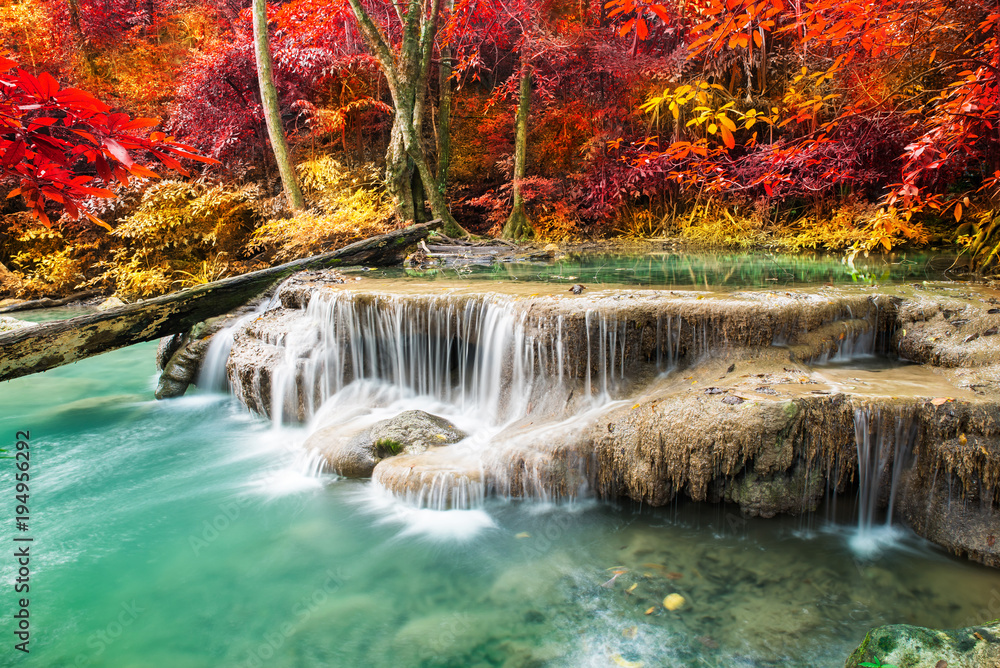 Amazing waterfall in colorful autumn forest  - obrazy, fototapety, plakaty 