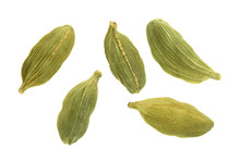 Green Cardamom Seeds Isolated On White Background. Top View. Lay Flat