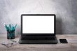© Ivan - Workspaces mock up Laptop on wood table with glass phone smartphone pencil apple notebook mouse desk with copy space for graphics or products display montage.Working place of designer,close-up Office.