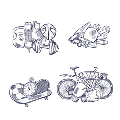 Wall Mural - vector hand drawn sports equipment piles set