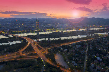 Wall Mural - sunset in Vienna city, aerial view. Austria