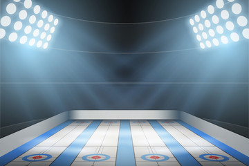 Horizontal Background of curling ice arena in the spotlight. Curling indoor rink. Editable Vector Illustration.