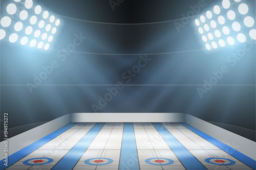 Fotografía Horizontal Background of curling ice arena in the spotlight
