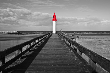 Trouville lighthouse, red selective color, Normandy, France