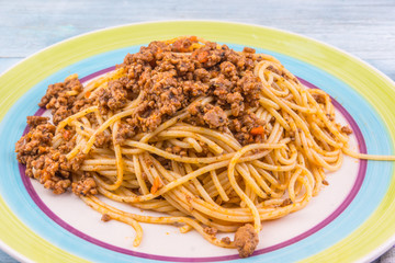 Spaghetti bolognese plate in closeup