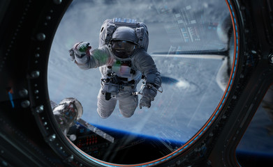 Leinwandbilder - Astronaut working on a space station 3D rendering elements of this image furnished by NASA