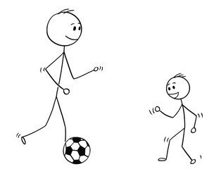 Sticker - Cartoon stick man drawing conceptual illustration of father or dad playing with son with soccer or football ball.