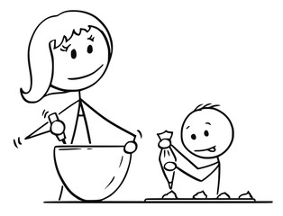 Poster - Cartoon stick man drawing conceptual illustration of mother or mom and son cooking or baking together in kitchen.