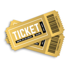 PrintTwo, Pair Vector Golden Tickets Isolated On White Background. Cinema, Theatre,  Concert, Play, Party, Event And Festival Gold Ticket Realistic Template Set. Ticket Icon For Website. 
