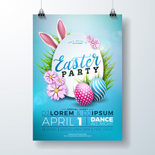 Vector Easter Party Flyer Illustration With Painted Eggs, Rabbit Ears And Typography Elements On Nature Blue Background. Spring Holiday Celebration Poster Design Template.